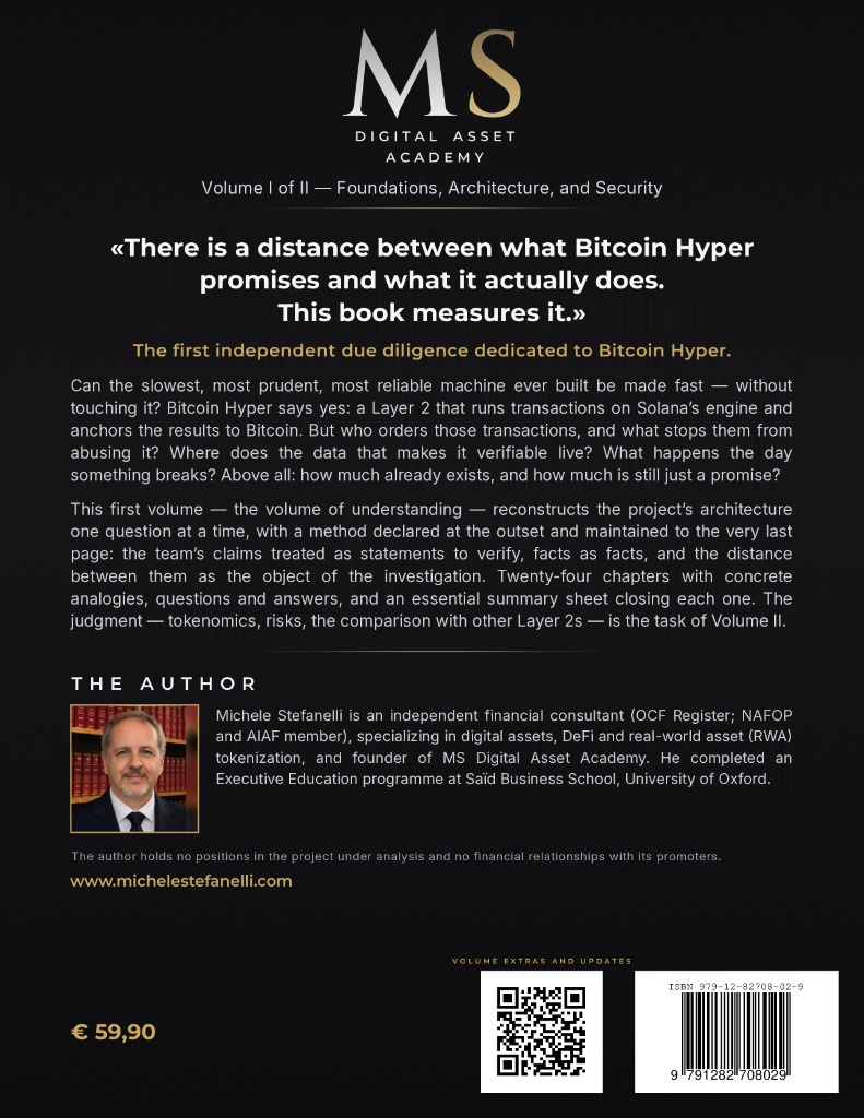 Back cover of &ldquo;Due Diligence of a Layer 2 – The Bitcoin Hyper Case, Volume I&rdquo; by Michele Stefanelli